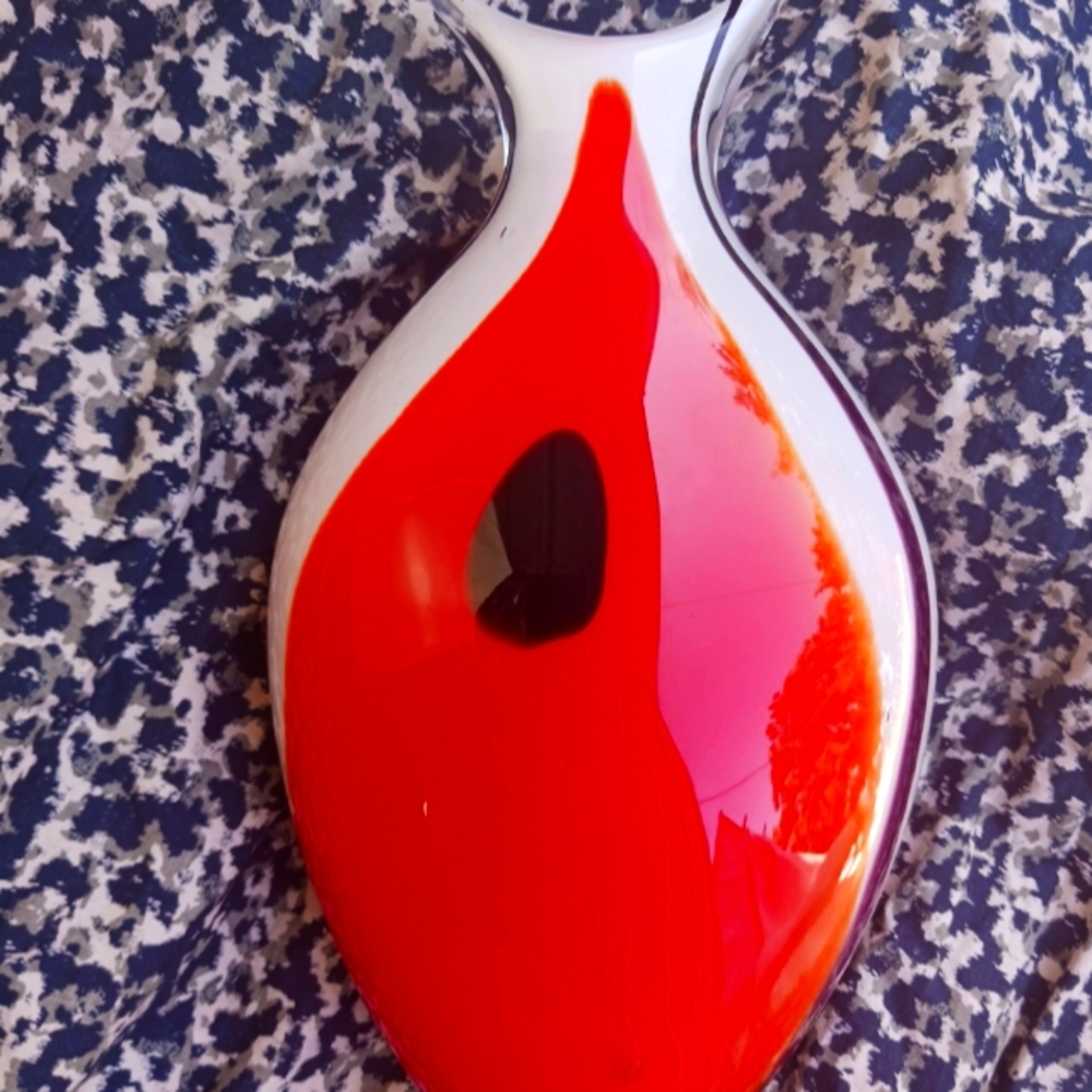 Murano Vase Castellani MCM Teardrop  Red Orange Mid Century Black  Sommerso 12x8